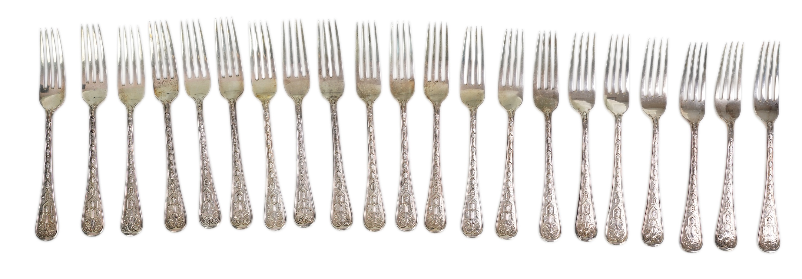 A harlequin set of twenty one Victorian and later silver fancy pattern table forks